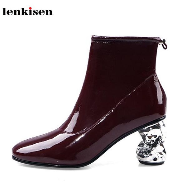 

boots lenkisen genuine leather simple style round toe strange metal high heels daily wear women winter fashion warm ankle l7f1, Black