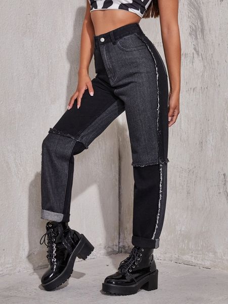 

high waist cut and sew jeans 73ud#, Blue