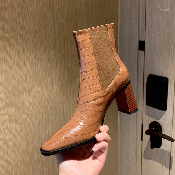 

square toe brown leather women ankle boots elastic short bottes black rubber winter knight botines femmes high heels bota1