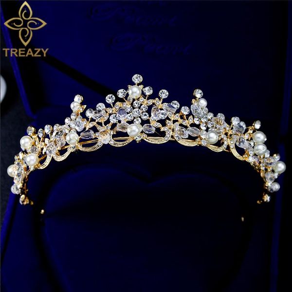 

treazy fashion gold/silver color pearl crystal bridal tiaras crowns pageant birthday party wedding hair accessories for women, Golden;silver