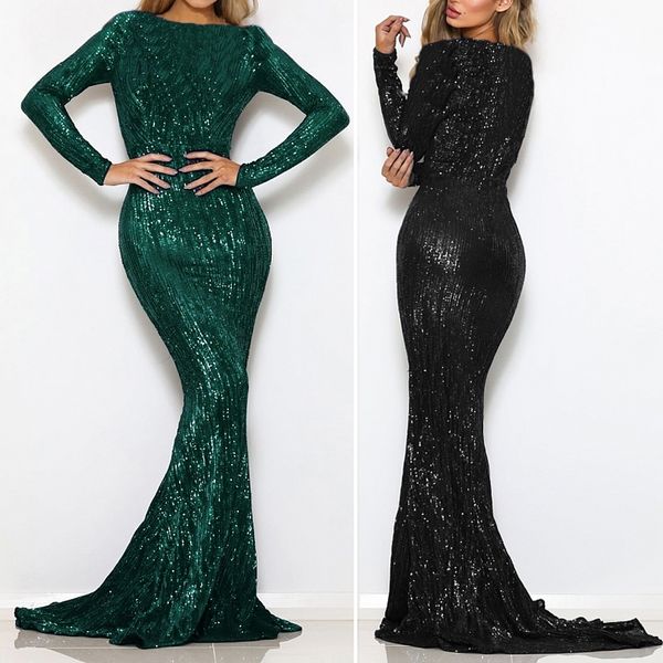 

o neck full sleeved maxi dress stretch sequined floor length evening party dress y200109, White;black
