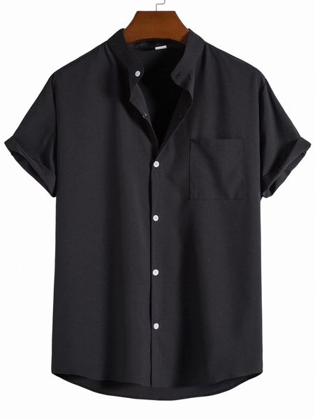 

men solid button front shirt 25sk#, White;black