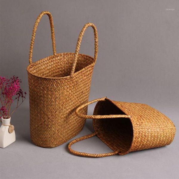 Estilo tradicional Handmade Weave Seaweed Portátil Senhoras Saco Eco-Amigável Ao Ar Livre Retro Supermarkt Shopping Bolsa De Armazenamento Bolsas De Armazenamento