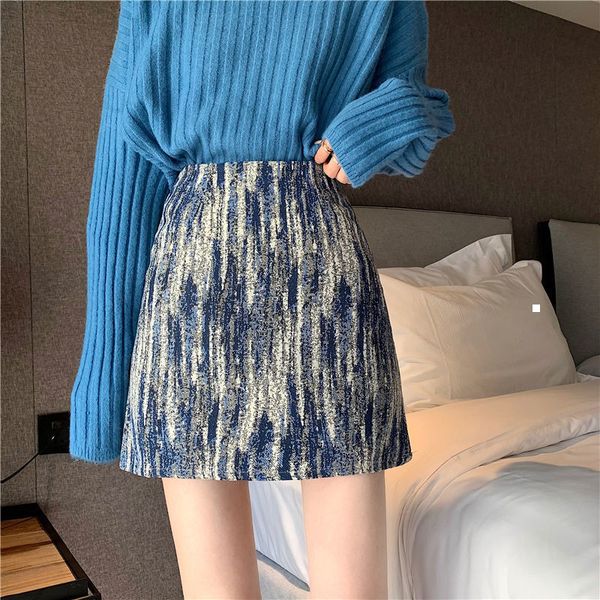 

new 2021 winter short pencil plaid wool skirts high stylish tweed waistband vintage lady y395 gajh e724, Black