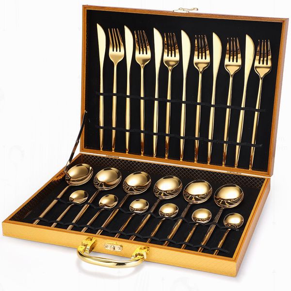 

kitchen tableware stainless steel 24pcs fork spoons knives gold dinnerware set cutlery case eco friendly q0108