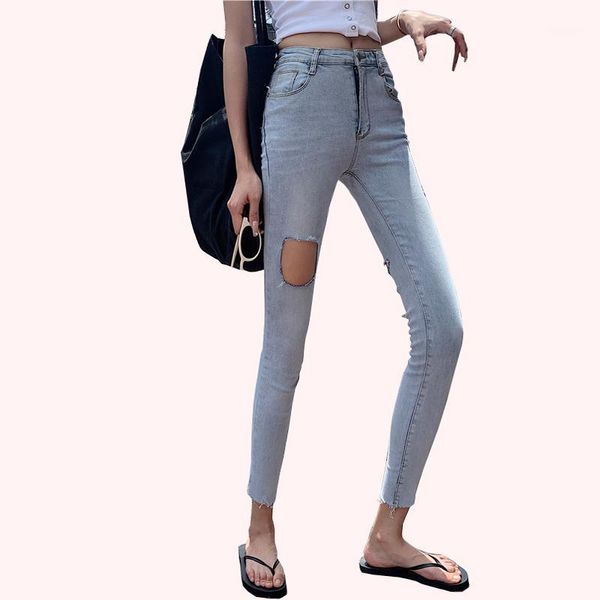 

2020 women jeans with holes cotton spandex skinny legs women denim pants1, Blue