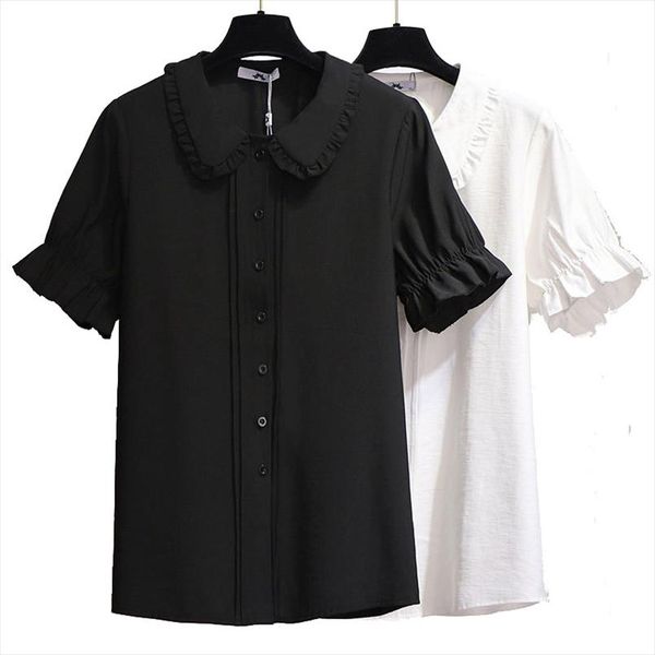 

плюс размер блузки для женщин 4xl 5xl 6xl летний 2020 новый случайные белый черный куклу воротник с коротким рукавом ruffled шифон, White