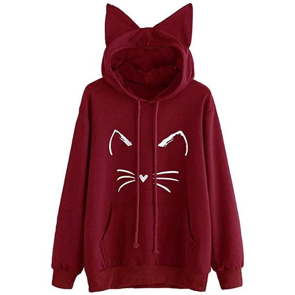 

women hoodie casual long sleeve hooded pullover sweatshirts with cat ear hooded female jumper women tracksuits sportswear, Black