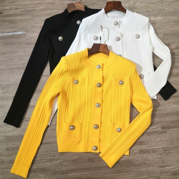 

brand designers metal buttons v-neck knitted sweater 2020 vintage casual yellow/white/black/ cardigan mujer1