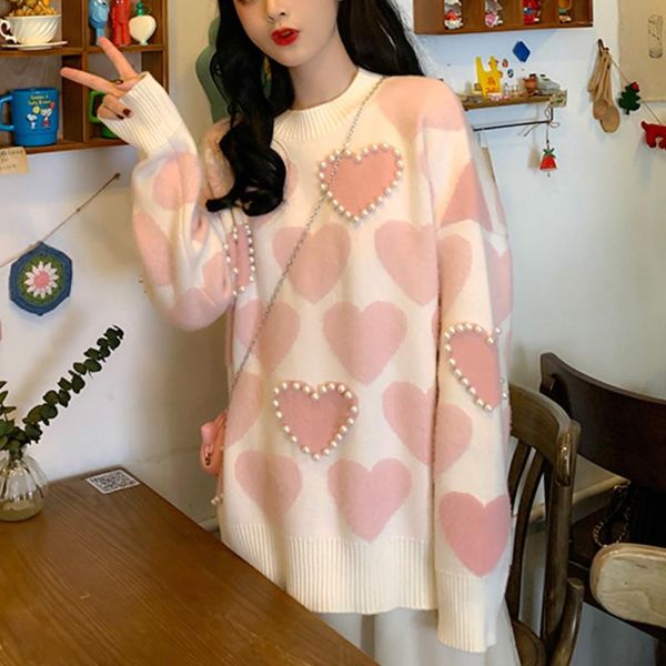 

women print pink sweet knitted pullovers female casual kawaii korean style losse sweater 2020 autumn women's clothing, White;black