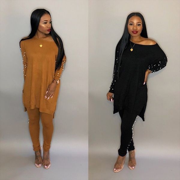 

beads 2 piece sets women casual loose two piece outfits autumn sweat suits female winter pants sweater suit clothes y200110, White