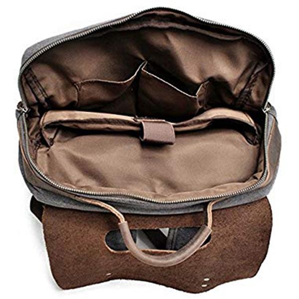 

men leather canvas rucksack lapbackpack college school bookbag dark gray