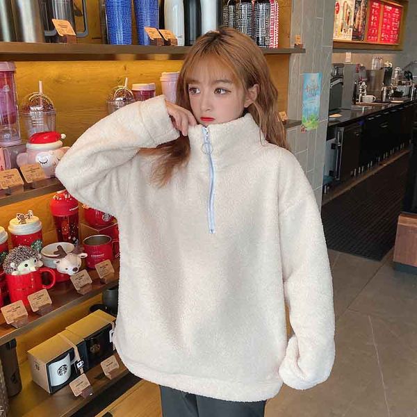 

women designers clothes 2020 fashion lambs wool pure color half zipper loose type printing pullover high collar thicken sweater women winter, Black