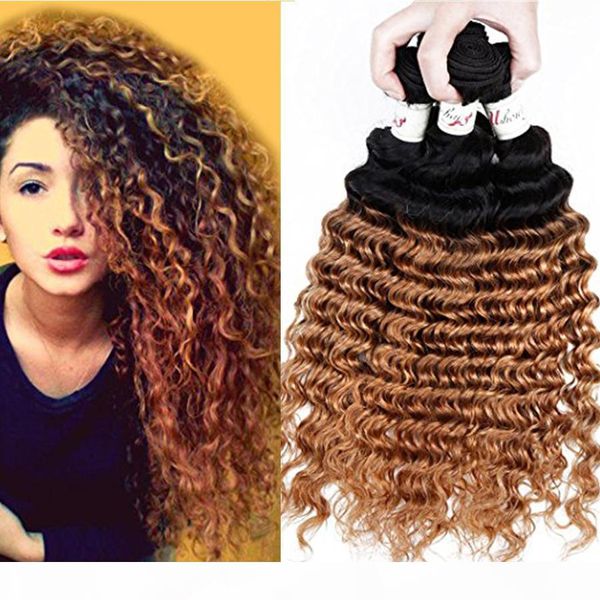 

malaysian ombre deep wave human hair extensions 8a malaysian virgin curly hair weaves ombre color 1b 27 3 bundles hair product ing, Black;brown
