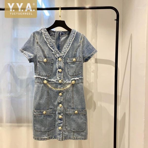 

new 2020 summer denim dress women fashion slim fit pockets chain single breasted washed retro dress straight jean short dresses1, Black;gray