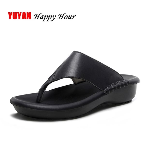 

new 2020 summer shoes women genuine leather slippers fashion beach flip flops women's slippers ladies brand shoes cowhide zh2303 #qn1i, Black