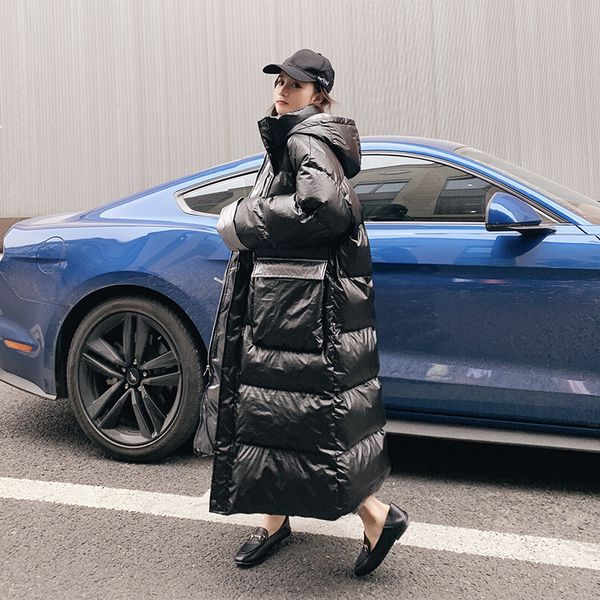 

2021 new women's winter coat shiny new parable-proof parka section long white duck down korean loose knee-swelled cotton jacket n6 qjdh, Black
