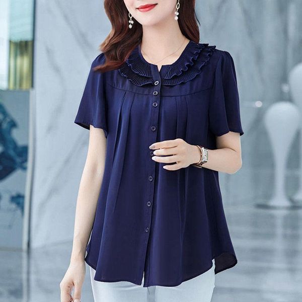 

summer blouse plus size women clothing button up vintage shirt short sleeve loose chiffon blouses ladies casual, White