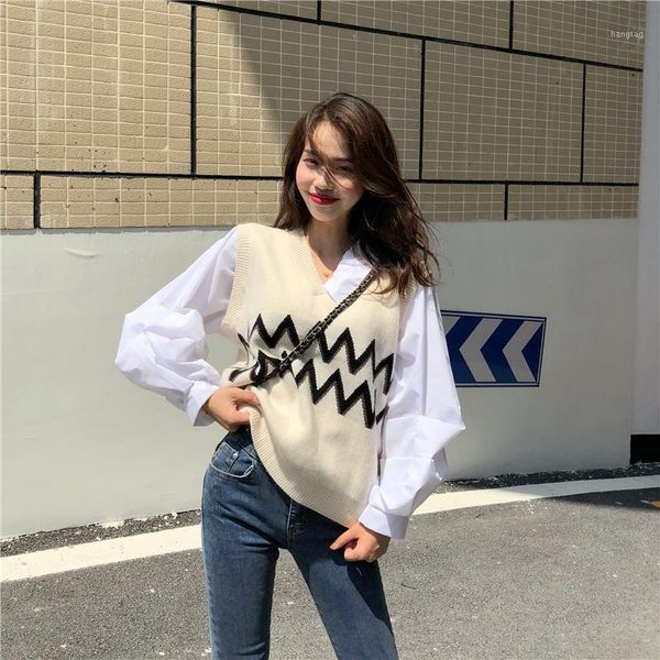 

new design fake two piece patchwork full shirt all match loose women blouses1, White