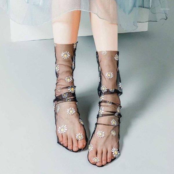 

korean women transparent mesh loose ankle socks sweet daisy sunflower candy color see through tulle mid tube hosiery1, Black;white