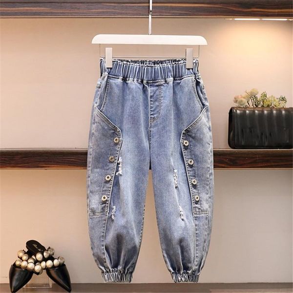

women's jeans women denim pants summer elastic high waist cropped woman trouser mujer hole feminina cross-pants y199, Blue