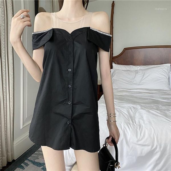 

fall 2020 new off the shoulder brick shoulder women's dress, single breasted mesh splicing show thin shirt dress1, Black;gray