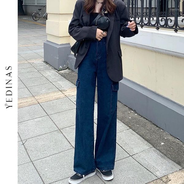 

yedinas pockets patchwork high waist jeans women streetwear loose straight jean blue cargo denim pants ladies trousers plus size1