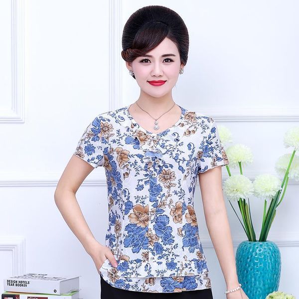 

new office lady women short sleeve summer floral t-shirt female mother plus size o-neck pullover shirts xl-5xl clothing, White