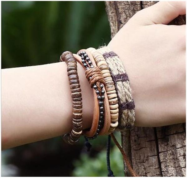 

4pcs/ set braided wrap leather bracelets for men women vintage wooden beads ethnic tribal wristbands bracele sqcnyd, Golden;silver