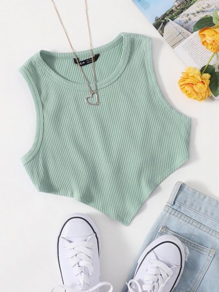 

asymmetrical hem rib-knit crop tank e1rn#, White
