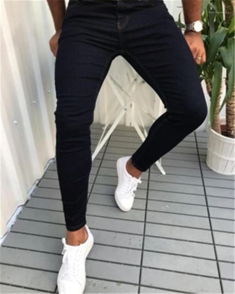 

trend elasticity hip hop denim pencil pants spring male new zipper buttons washed casual slim jeans mens solid color skinny jeans fashion, Blue