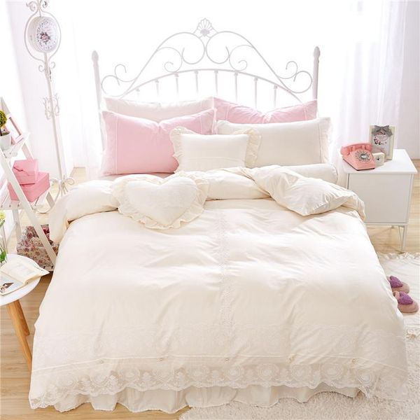 

bedding sets soft cotton lace beige color set king  twin size girls women bed skirt duvet/quilt cover gifts pillow shams