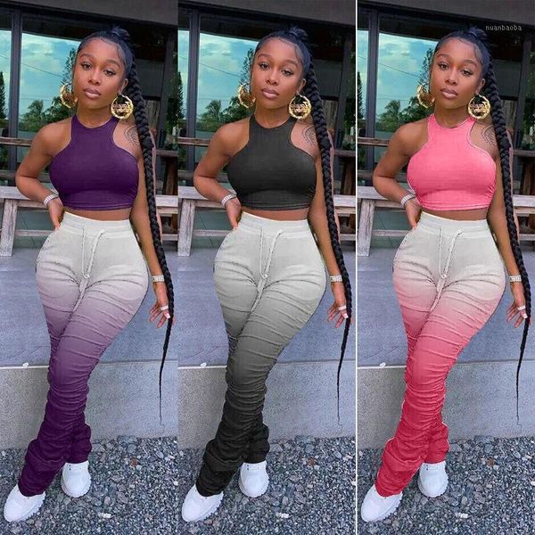 

women solid sleeveless crop tank stacked bell bottom jogger sweatpants suit two piece set sport tracksuit outfit1, White