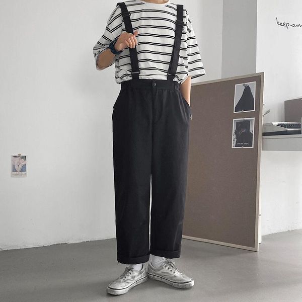 

2020 spring and summer new youth popular men's solid color loose suspenders fashion casual wild straight pants black1, Black
