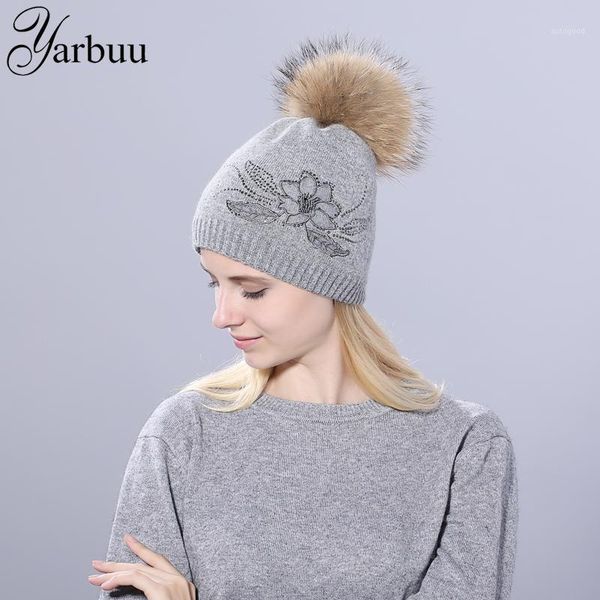 

beanie/skull caps [yarbuu] winter knitted hat for women flower lace rhinestone hats beanies real ball cap female wool skullies1, Blue;gray