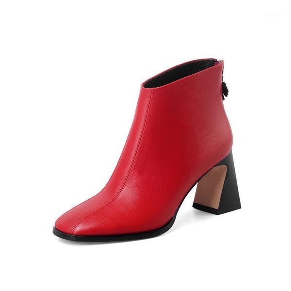 

2021 autumn winter genuine leather winter boots women back zipper square toe thick high heels shoes woman working ankle boots1, Black