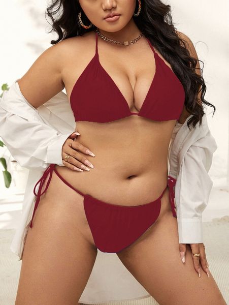 

plus plain triangle tie side bikini swimsuit g0em#, Black