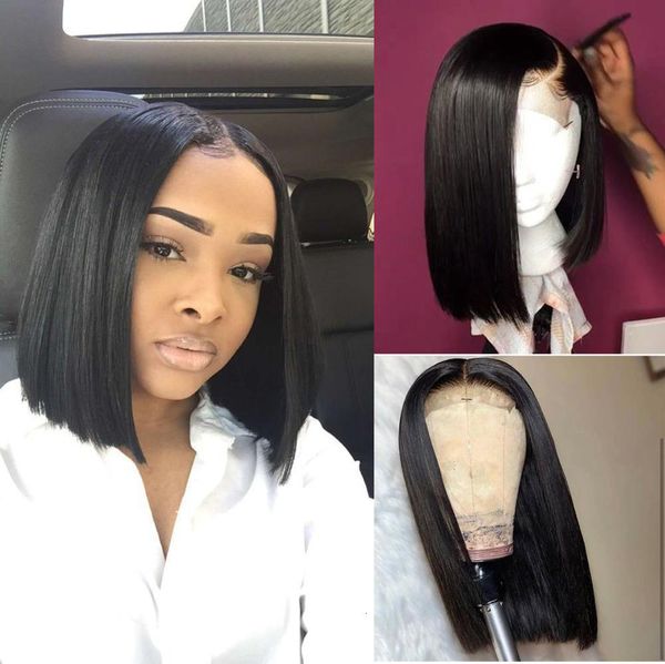 

jet black short bob synthetic lace front wig middle part preplucked straignt for black women heat resistant fiber cosplay wig, Black;brown