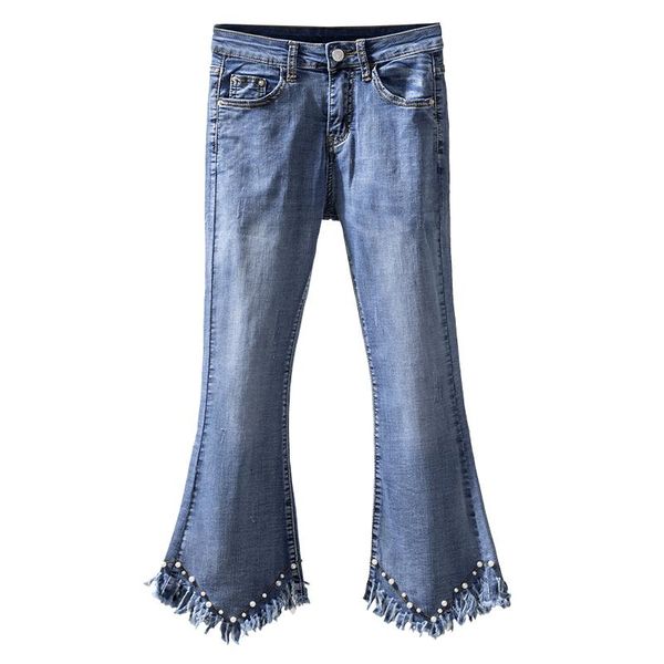 

large size jeans woman fashion high waist jeans tassel pearls beading flare pants ankle length denim trousers for women, Blue