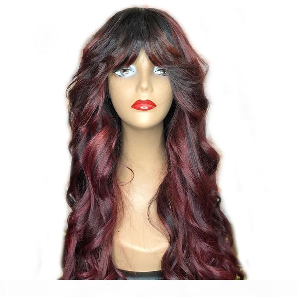 

13x4 lace front human hair wigs with bangs preplucked remy ombre 99j red burgundy color body wave fringe wigs 360 lace frontal wig, Black