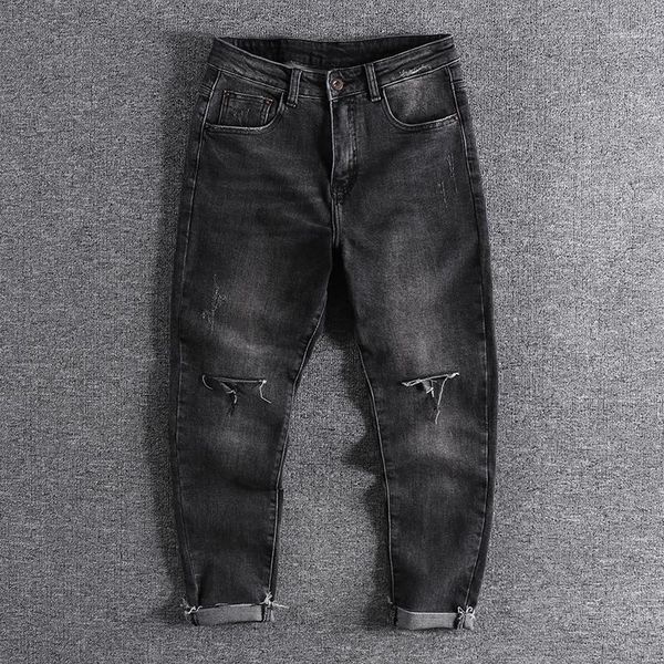 

2020 new arrival knife cut hole cat whisker hairline pants leg jeans men's slim fit small feet youth capris jeans trouser 05731, Blue