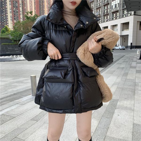 

2020 winter new korean style thick cotton-padded clothes women stand collar long sleeve cotton jacket down coat cotton overcoat, Black