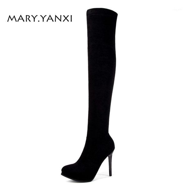 

spring autumn winter women shoes long over-the-knee boots flock nubuck platform zip pointed toe high thin heels big size solid1, Black