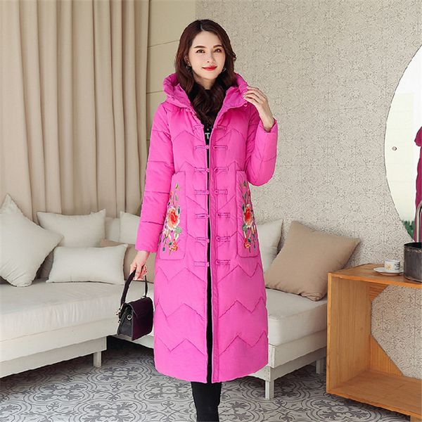 

women's down cotton coat jackets long embroidery hooded coats winter large size loose keep warm parkas outerwear a722, Black