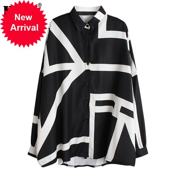 

eam] fit autumn pattern shirt white big split blouse new long lapel sleeve loose size print fashion spring 1r200 2020 women woqwr