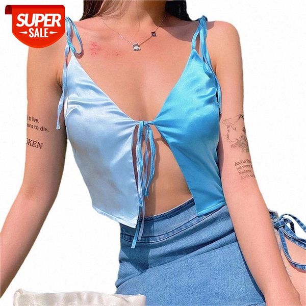 

lady summer contrast color camisole v-neck lace up short style female exposed navel bottoming streetwear camis #9p2n, White