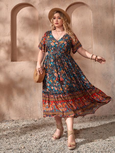 

plus floral print tassel knot ruffle hem dress k0mz#, Black