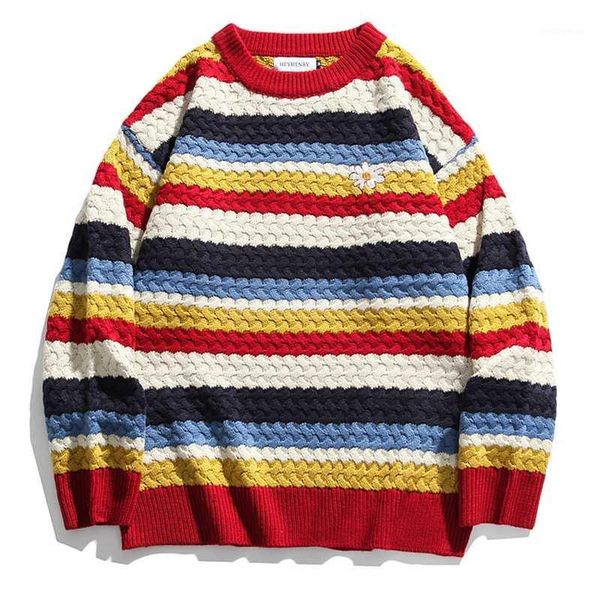 

mens flower embroidery knitted sweaters streetwear 2020 winter hiphop casual vintage loose couple pullovers sweater1, White;black