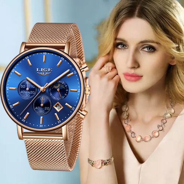

lige womens watches fashion stainless steel waterproof analog quartz watch women brand luxury casual sports chronograph, Slivery;brown