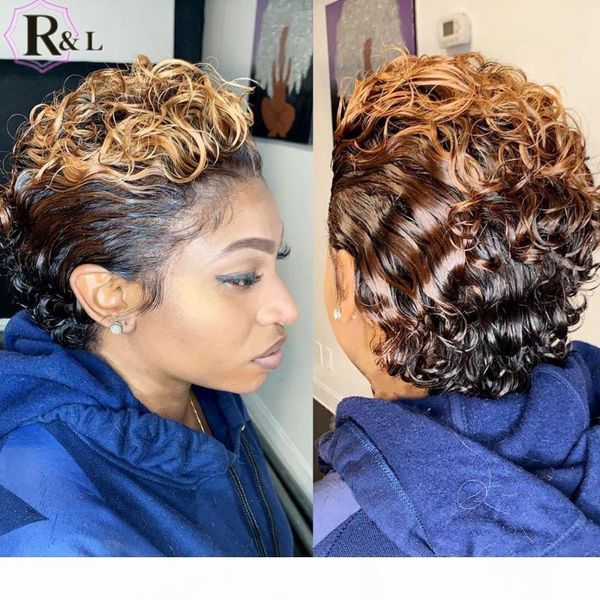 

rulinda pixie cut ombre colored lace front human hair wigs 180% density short curly brazilian remy hair lace wigs 13x4, Black;brown